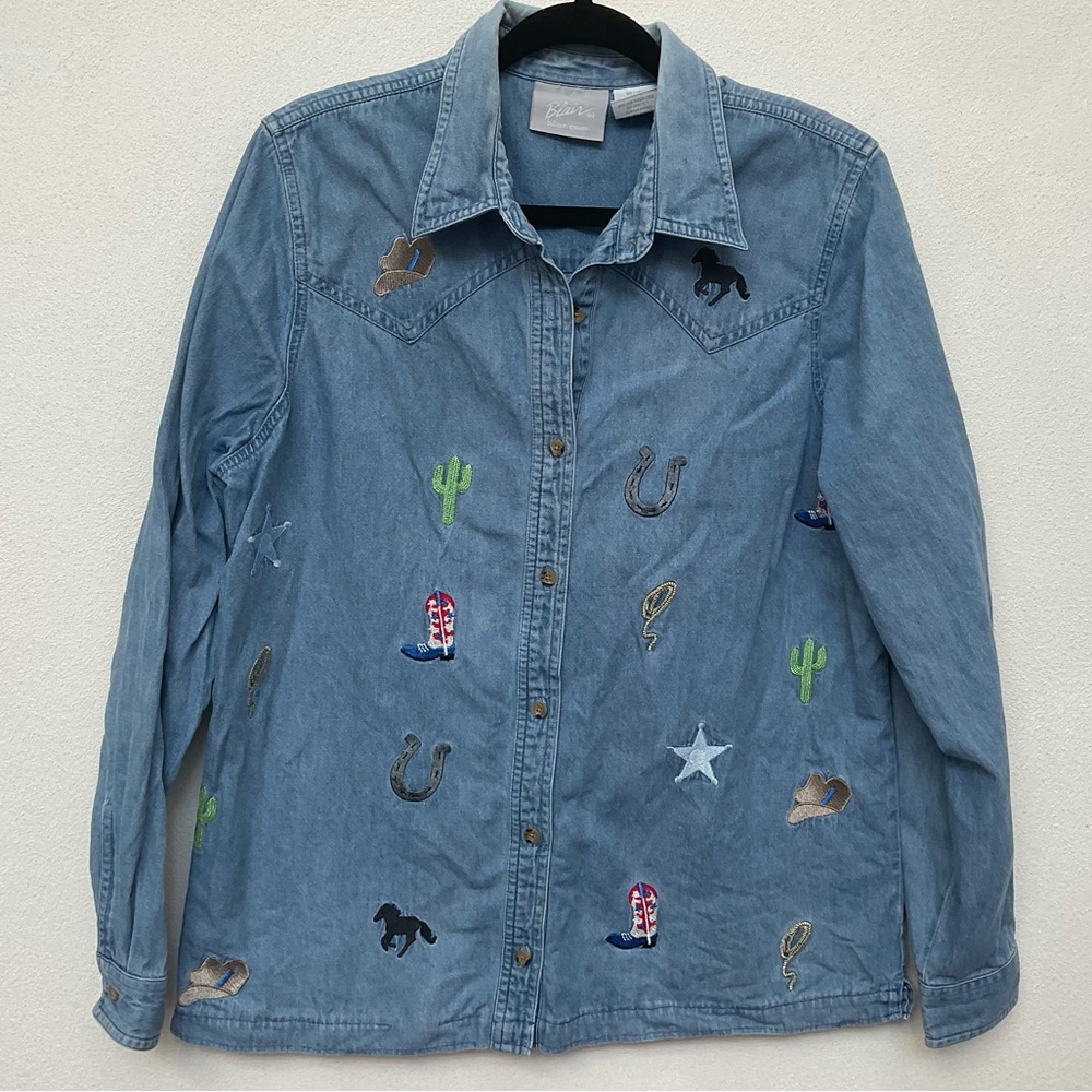 Blair Women's Cowboy Western Embroidered Denim Button Down Shirt Size Medium